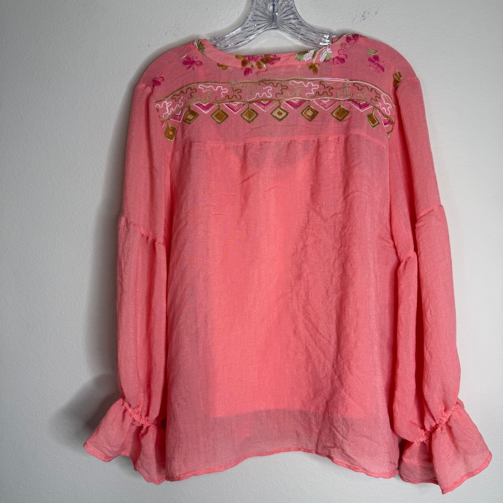 Hope Springs Blouse Womens Medium Coral Pink Embroidered Boho Ruffle Top w/ Tank - Picture 4 of 5